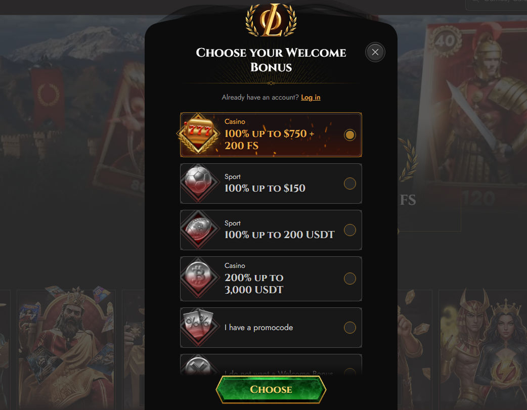 Welcome offer screen showing Casino and Sport bonuses, promocode field and Choose button