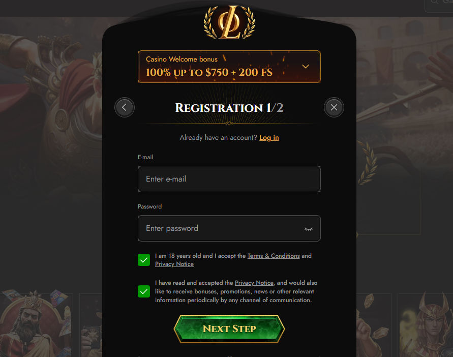Registration form with email, password fields, age confirmation and consent checkboxes displayed
