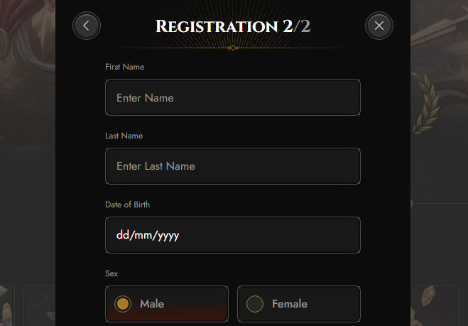 Personal details form with name fields, date of birth and sex selection options