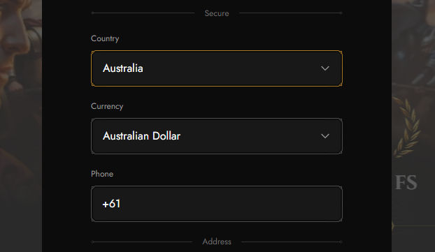 Account settings screen with Australia selected, Australian Dollar currency and phone field with +61 code