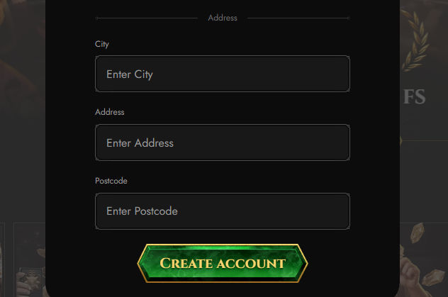 Address form with city, address and postcode fields plus Create Account button